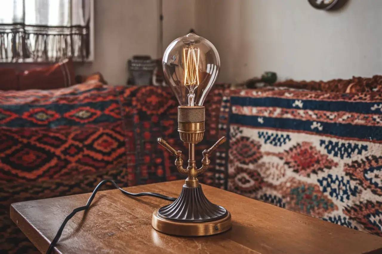 Une lampe vintage avec une ampoule Edison allumée trône sur une table en bois, entourée de motifs de tapis colorés et décoratifs