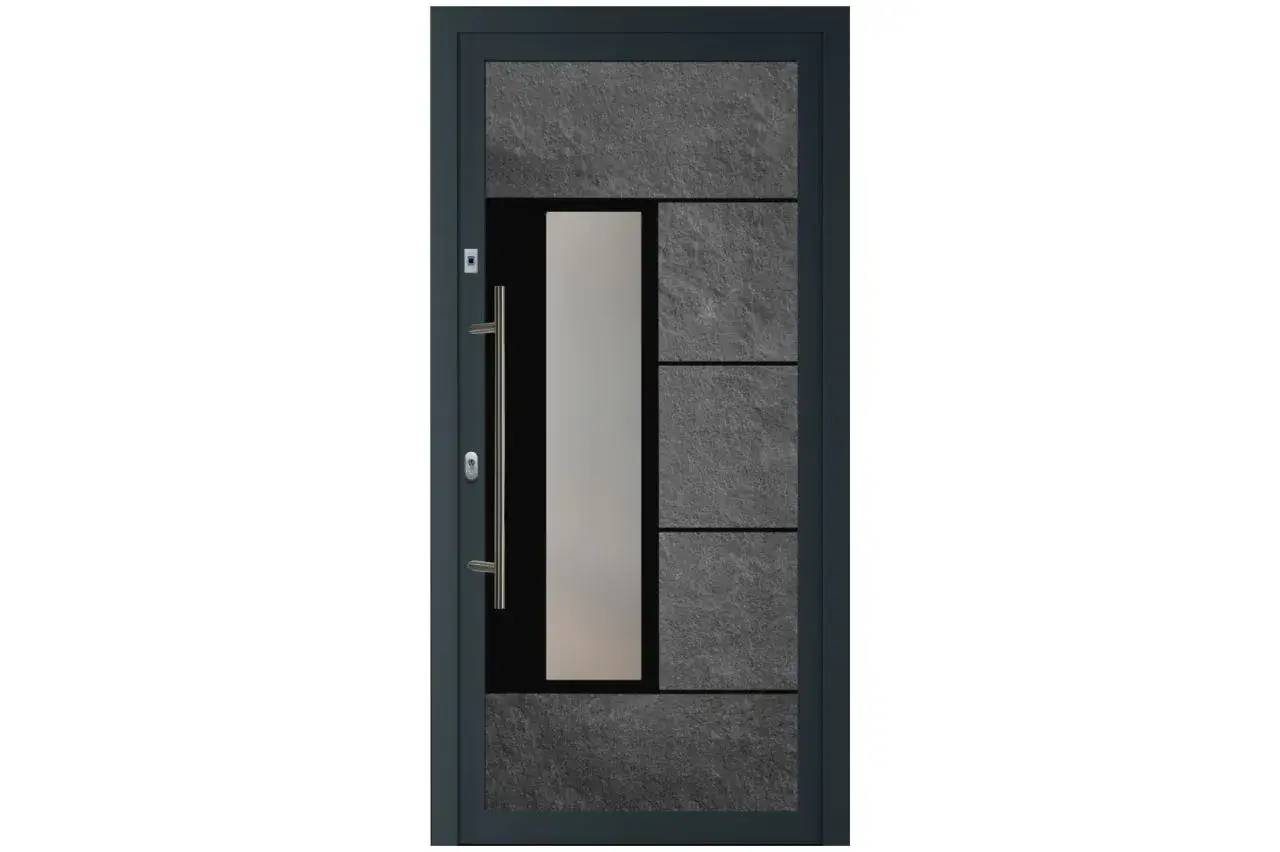 Porte moderne en métal noir avec inserts en pierre grise et une vitre centrale verticale.