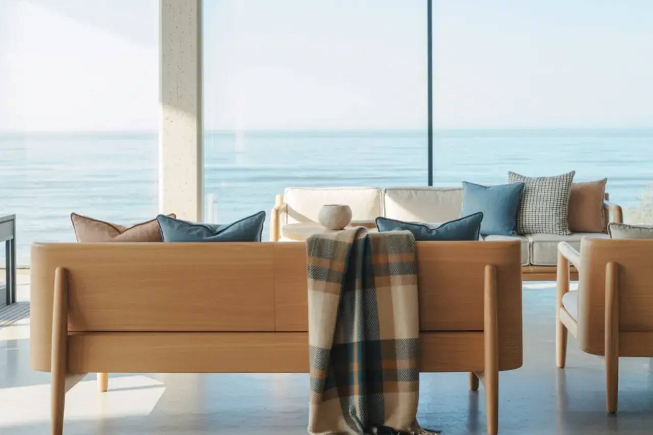 Un salon lumineux avec vue sur la mer, doté de meubles en bois clair, de coussins bleus, et d'un plaid à carreaux.