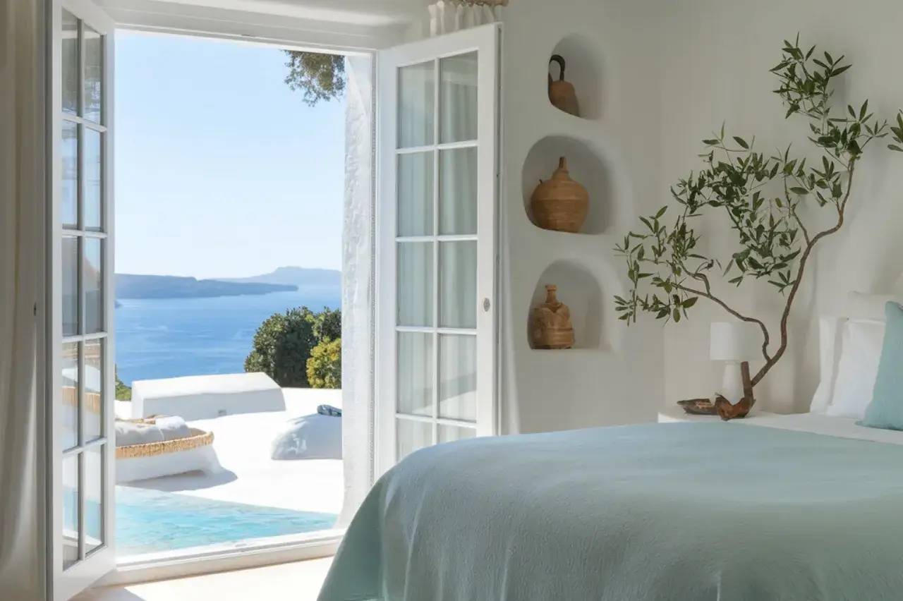 Chambre lumineuse avec vue panoramique sur la mer, décorée de tons bleus et blancs, intégrant des éléments naturels et des jarres