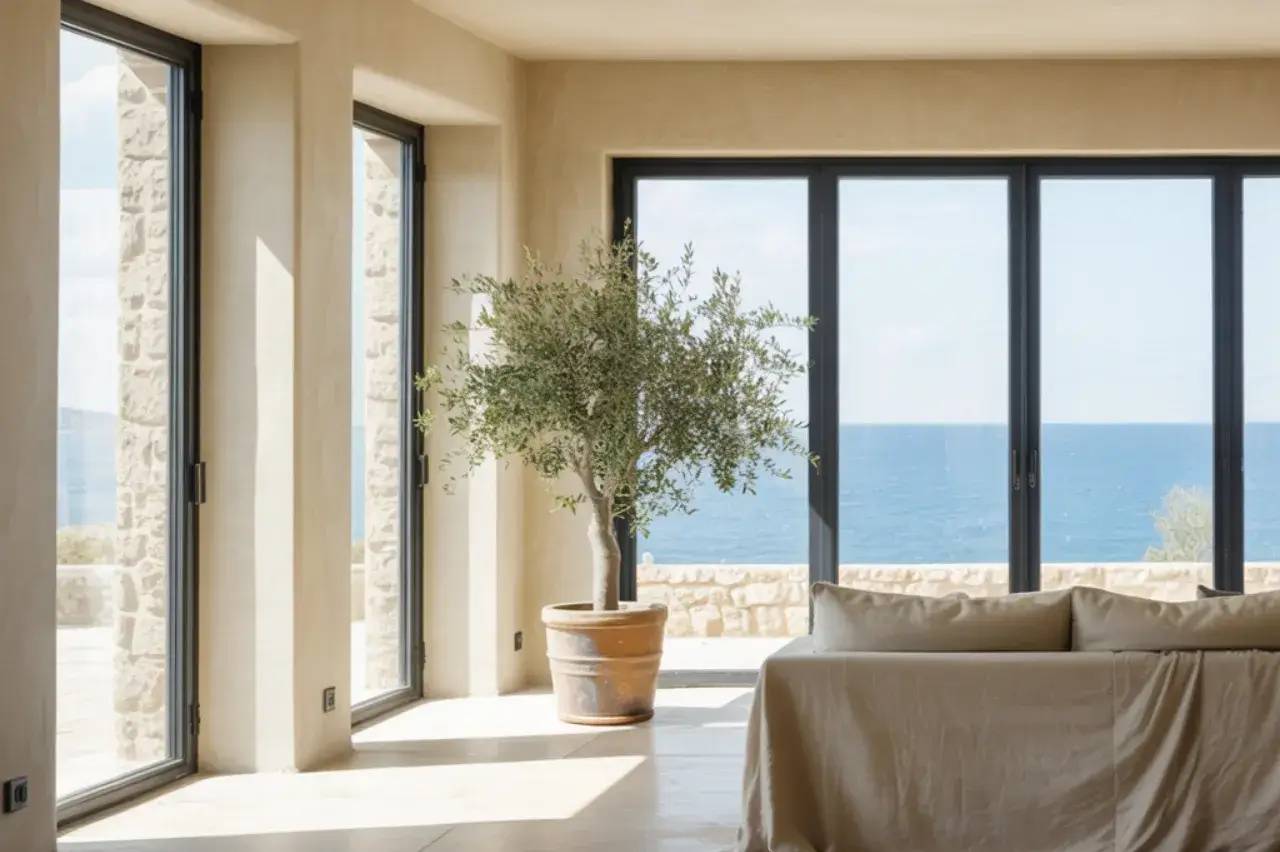 Salon lumineux avec vue sur la mer, décoré d'un olivier en pot près d'une grande baie vitrée.