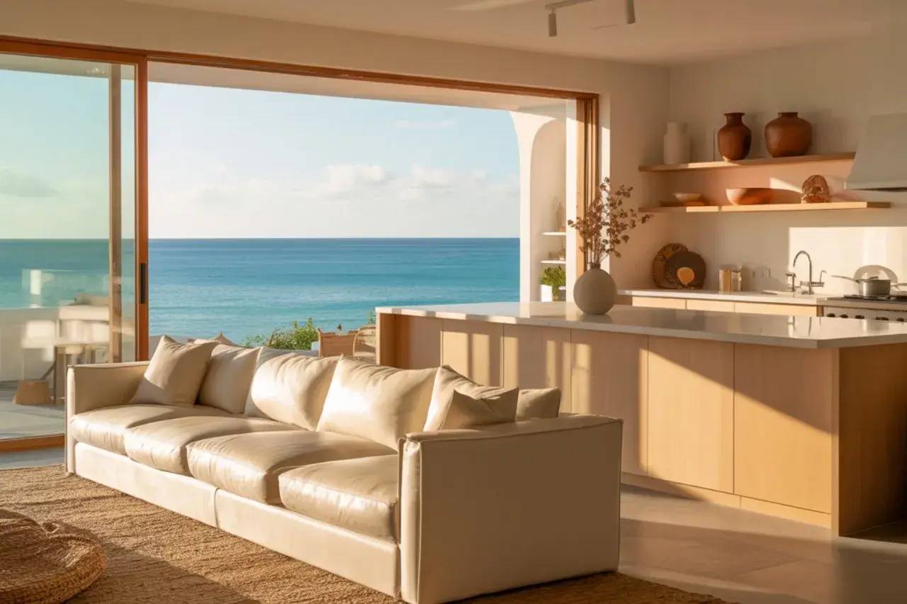 Un salon moderne et lumineux avec une vue imprenable sur l'océan à travers de grandes baies vitrées.