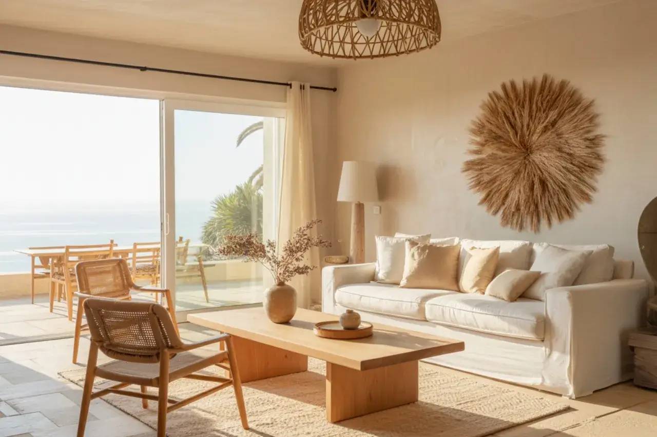 Un salon lumineux au style bohème, avec des tons neutres et des meubles en bois, offre une vue sur la mer à travers des baies