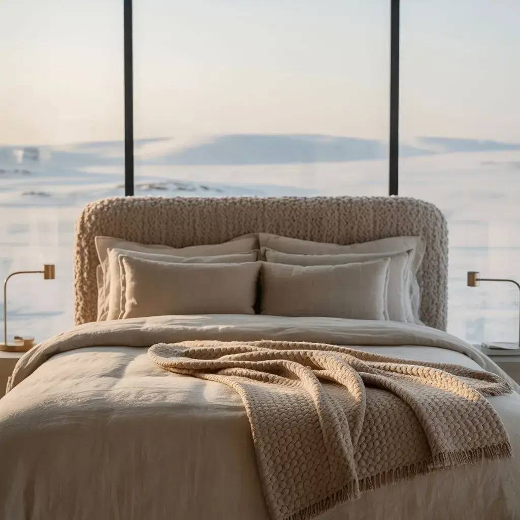 Une chambre au design épuré avec un lit confortable, accentuée par une couverture beige texturée, est baignée de lumière naturelle provenant de grandes fenêtres