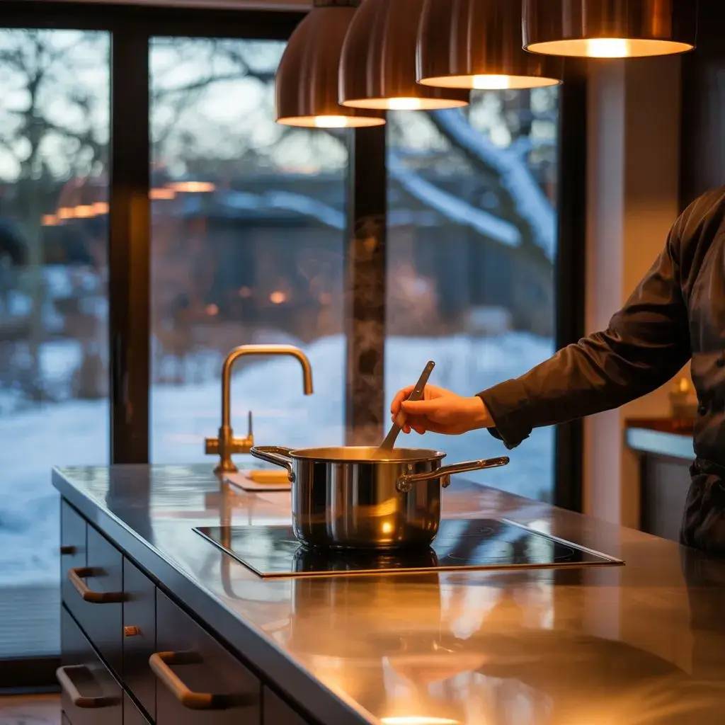 Un chef cuisine dans une cuisine moderne éclairée, avec vue sur un jardin enneigé à travers de grandes baies vitrées.