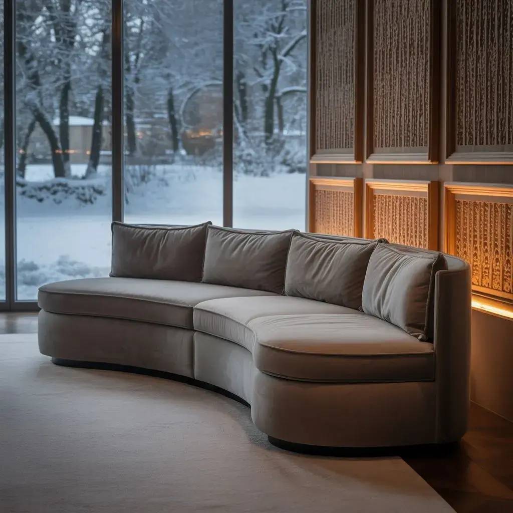 Un canapé élégant en forme de courbe est placé dans un salon moderne avec vue sur un paysage enneigé à travers de grandes baies vitrées
