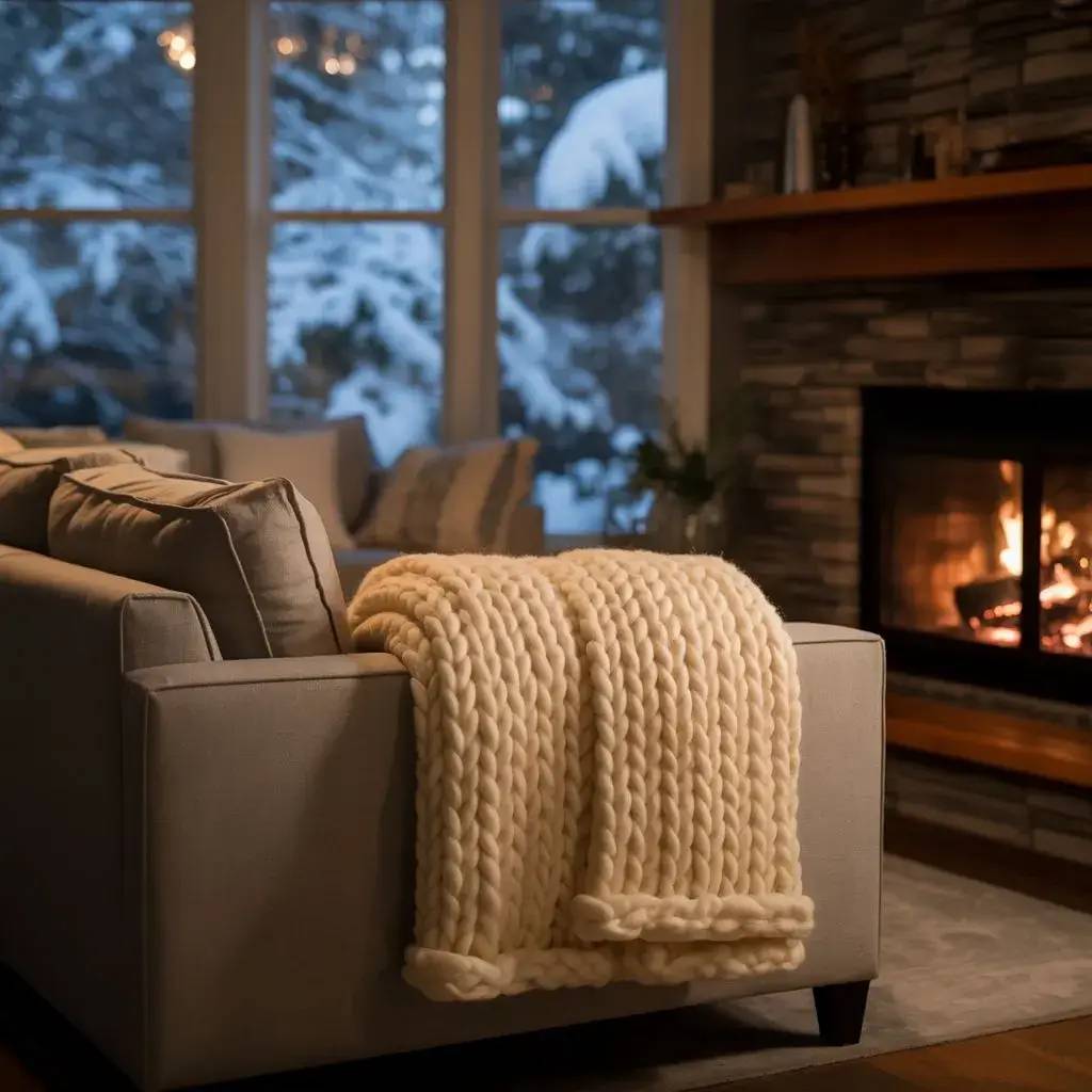 Un salon cosy avec un canapé gris et une couverture en maille épaisse devant une cheminée allumée, avec une vue sur un paysage enneig