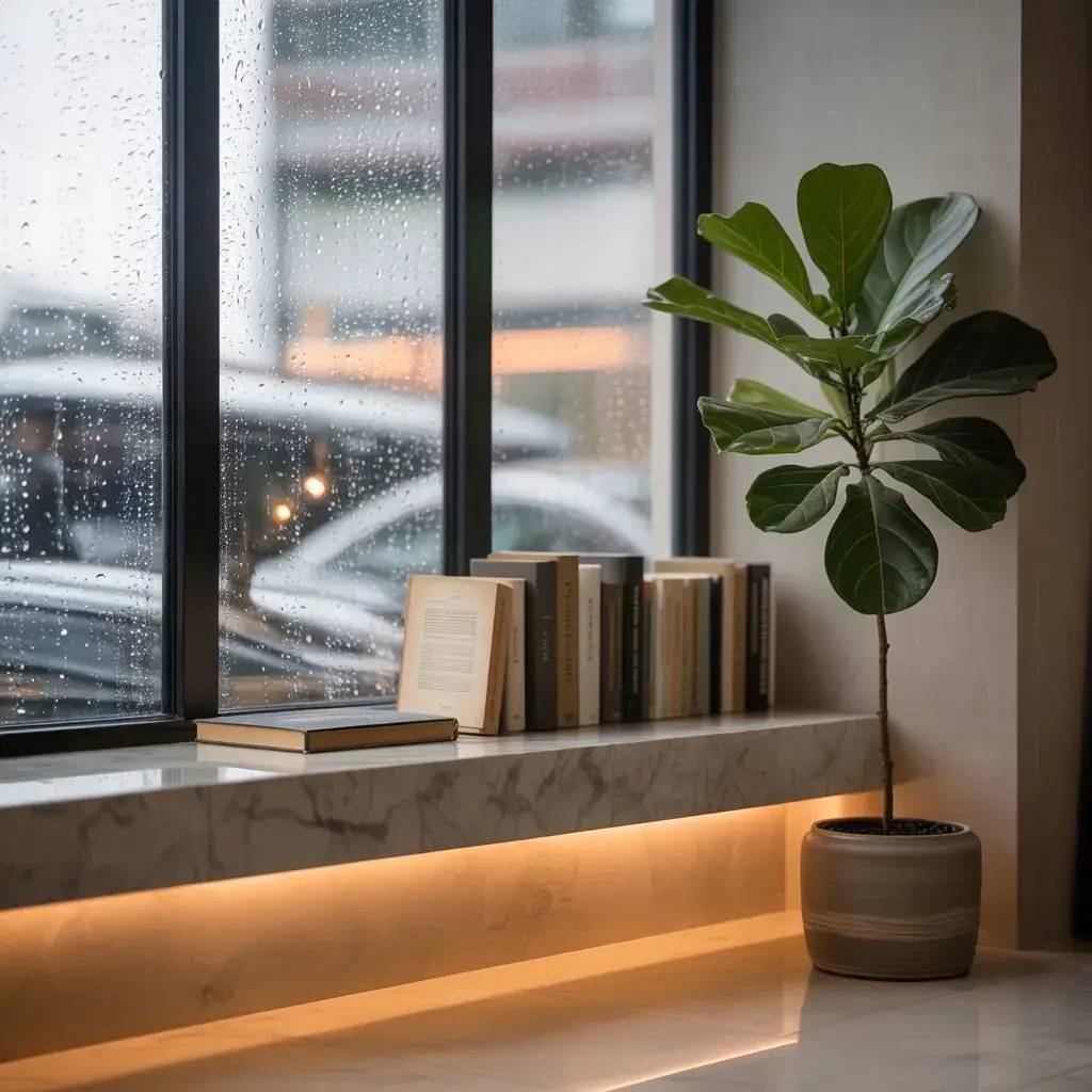 Un coin lecture élégant avec une plante en pot, des livres alignés sur un rebord en marbre et une vue sur des fenêtres ruissel