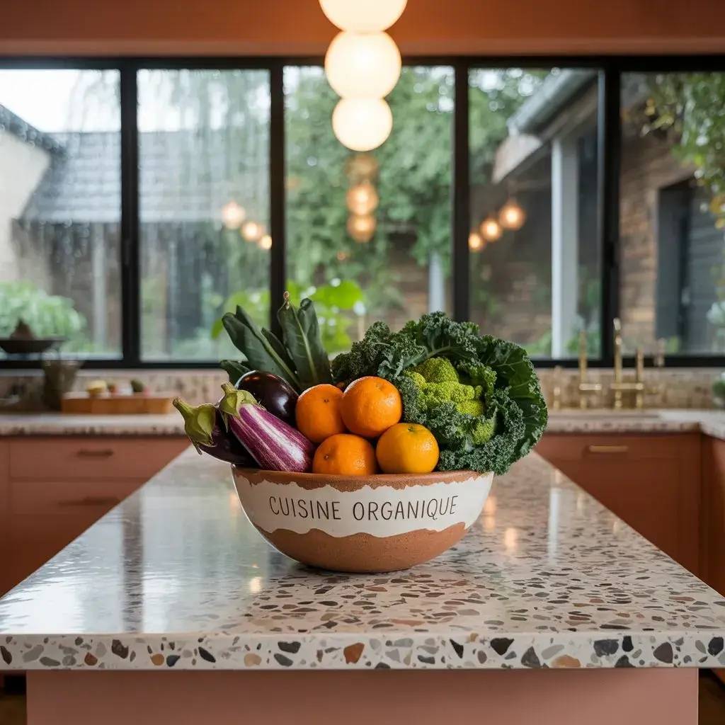 Un bol en céramique marqué "Cuisine Organique" rempli de légumes et fruits colorés est posé sur un îlot de cuisine en terrazzo