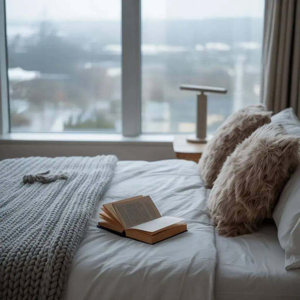 Un livre ouvert repose sur un lit, entouré de coussins douillets et d'une couverture en tricot, avec une grande fenêtre offrant une