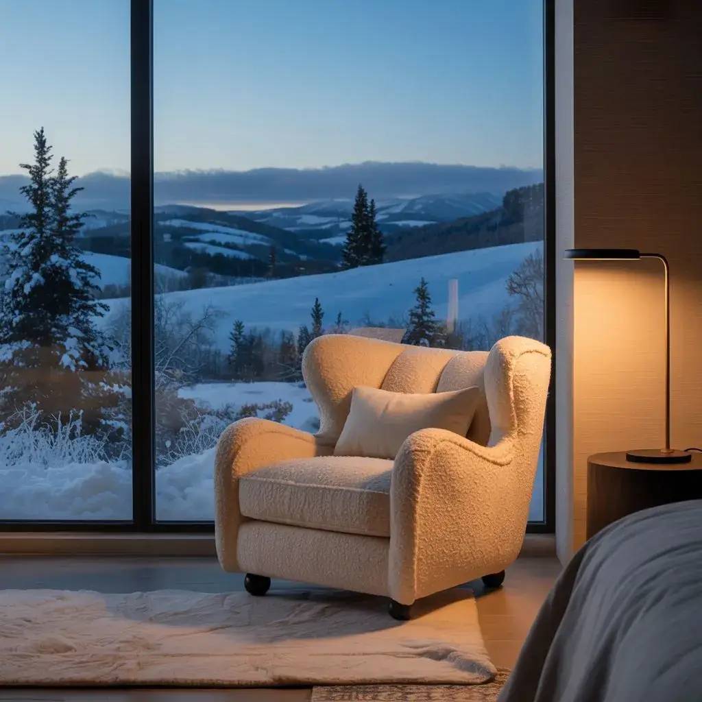 Un fauteuil moelleux est illuminé par une lampe dans une chambre chaleureuse, offrant une vue spectaculaire sur un paysage enneigé à travers une