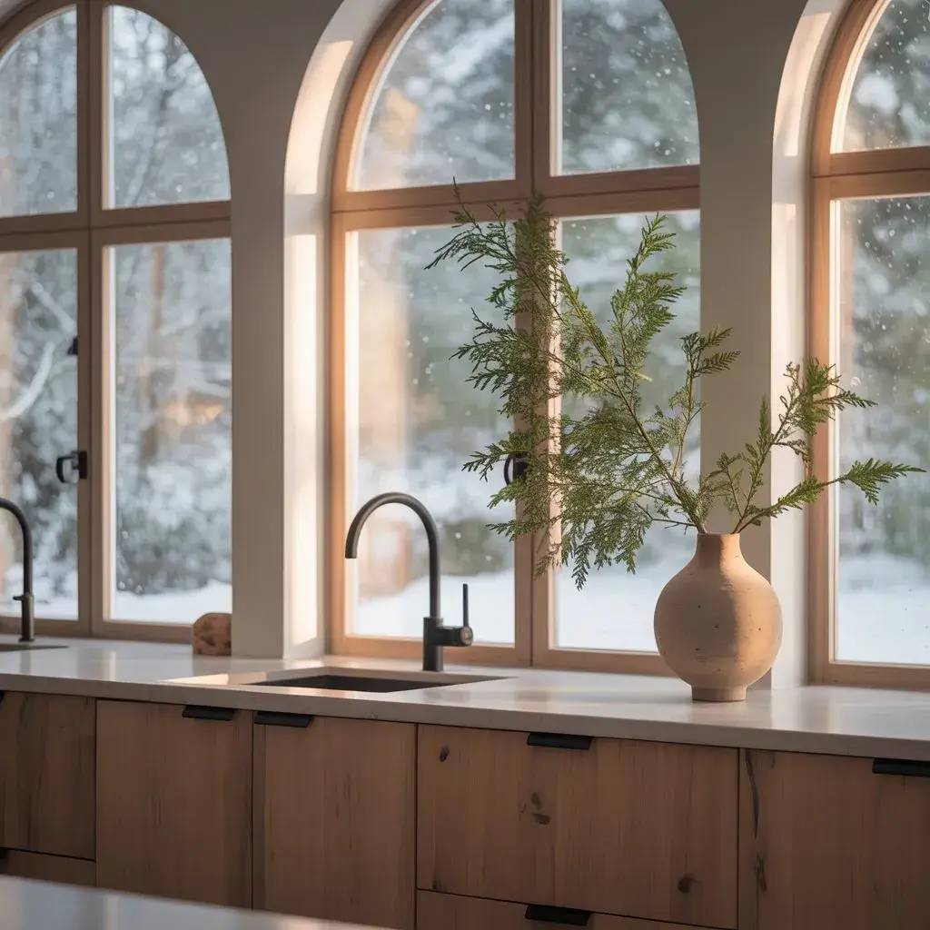 Une cuisine lumineuse aux grandes fenêtres arquées, avec un comptoir en bois clair et un vase contenant des branches vertes.