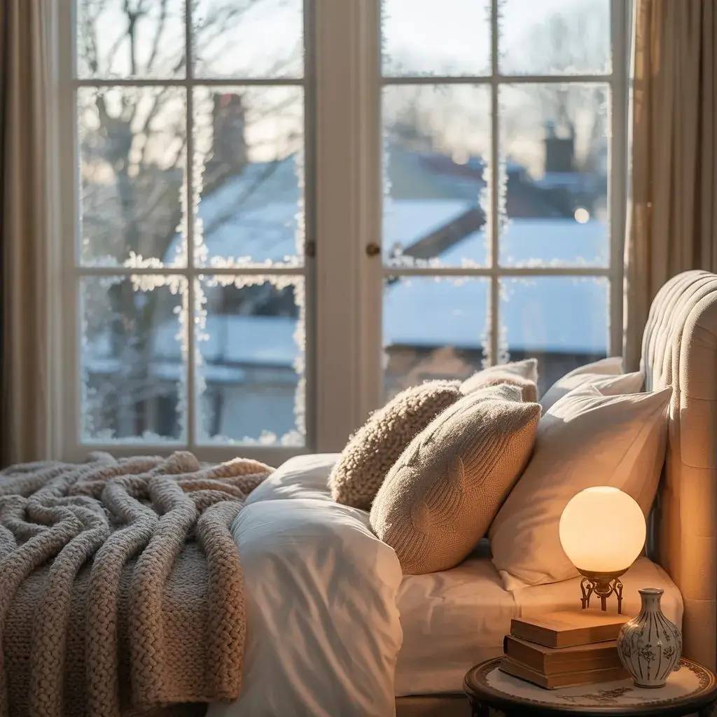 Une chambre lumineuse et chaleureuse avec un lit confortable près d'une fenêtre givrée offrant une vue hivernale.