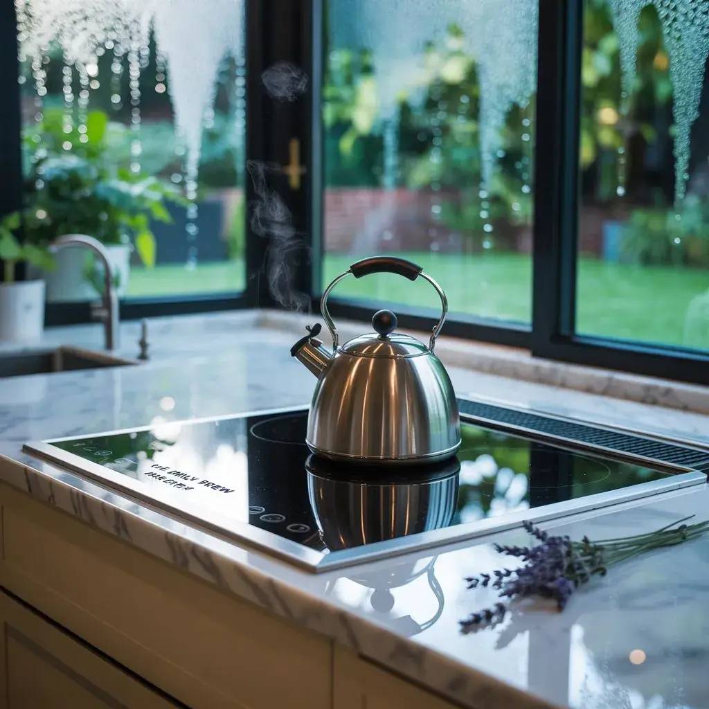 Une bouilloire en acier inoxydable dégage de la vapeur sur une plaque à induction, dans une cuisine lumineuse avec des fenêtres embu