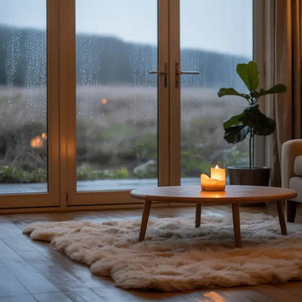 Un salon cosy avec une table basse en bois sur un tapis moelleux, éclairé par une bougie, offrant une vue pluvieuse à