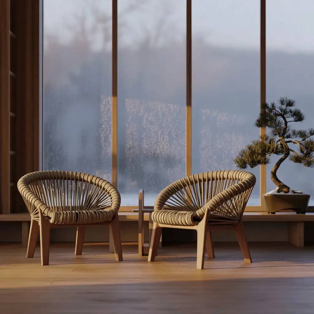 Deux chaises en osier sont disposées devant une grande fenêtre, à côté d'un bonsaï, dans un intérieur lumineux et moderne.