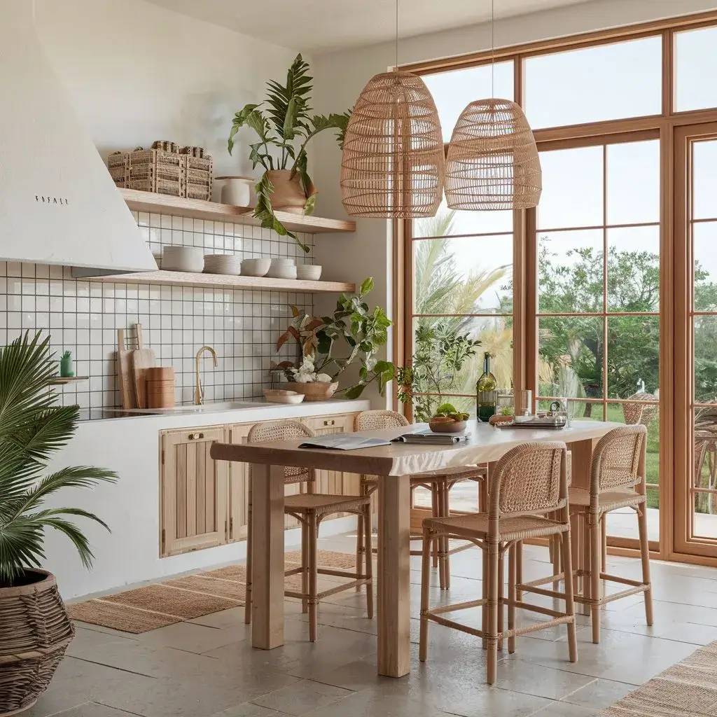 Cette cuisine lumineuse au style bohème présente des meubles en bois clair, des suspensions en osier et de généreuses plantes vertes, le