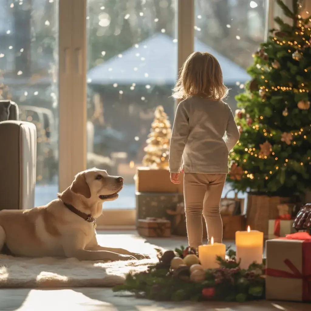 Un enfant et un chien profitent ensemble d'une ambiance chaleureuse près d'un sapin de Noël décoré, tandis que la neige tombe à l