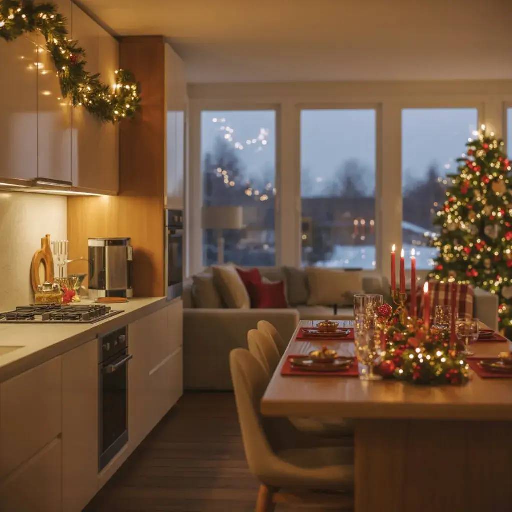 Une cuisine moderne décorée pour Noël avec une table élégante et un sapin illuminé en arrière-plan.