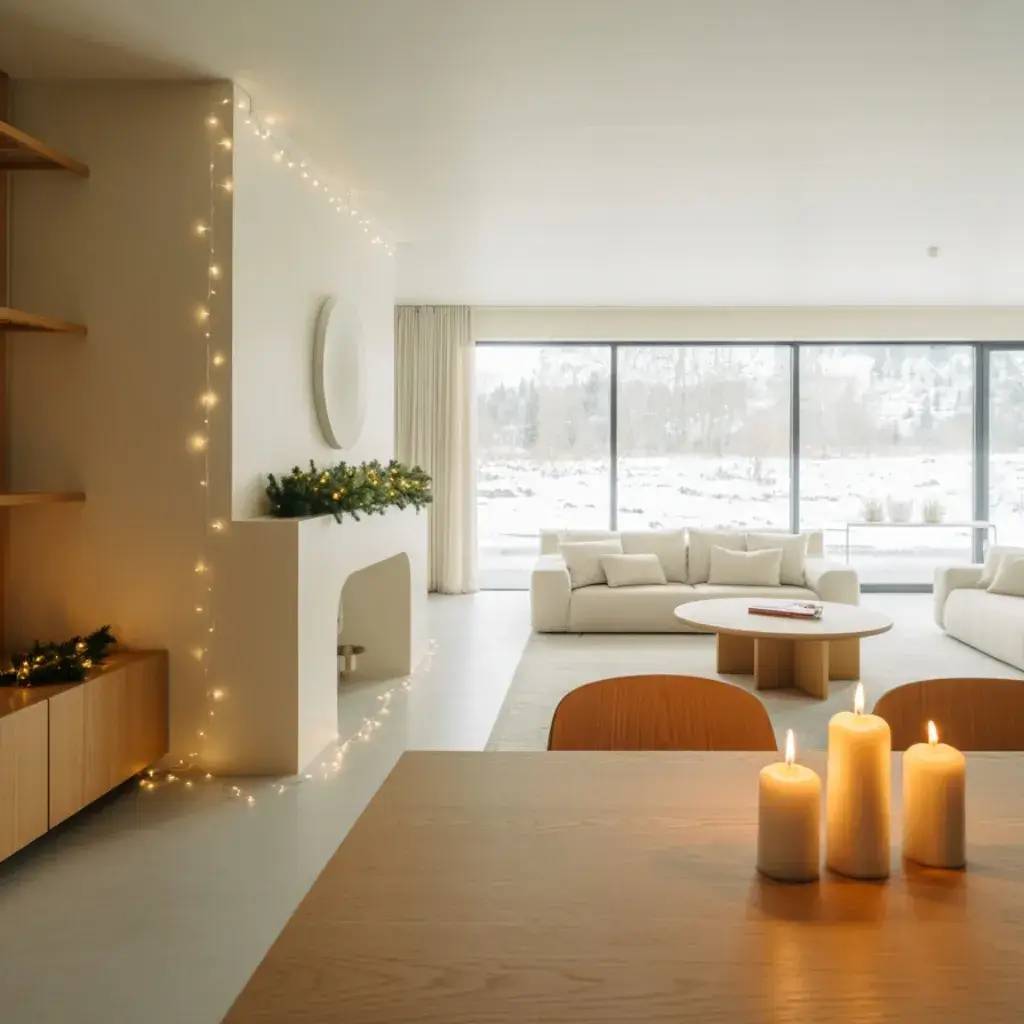 Salon moderne et épuré avec des canapés blancs, un foyer décoré de guirlandes lumineuses et une vue sur un paysage enne