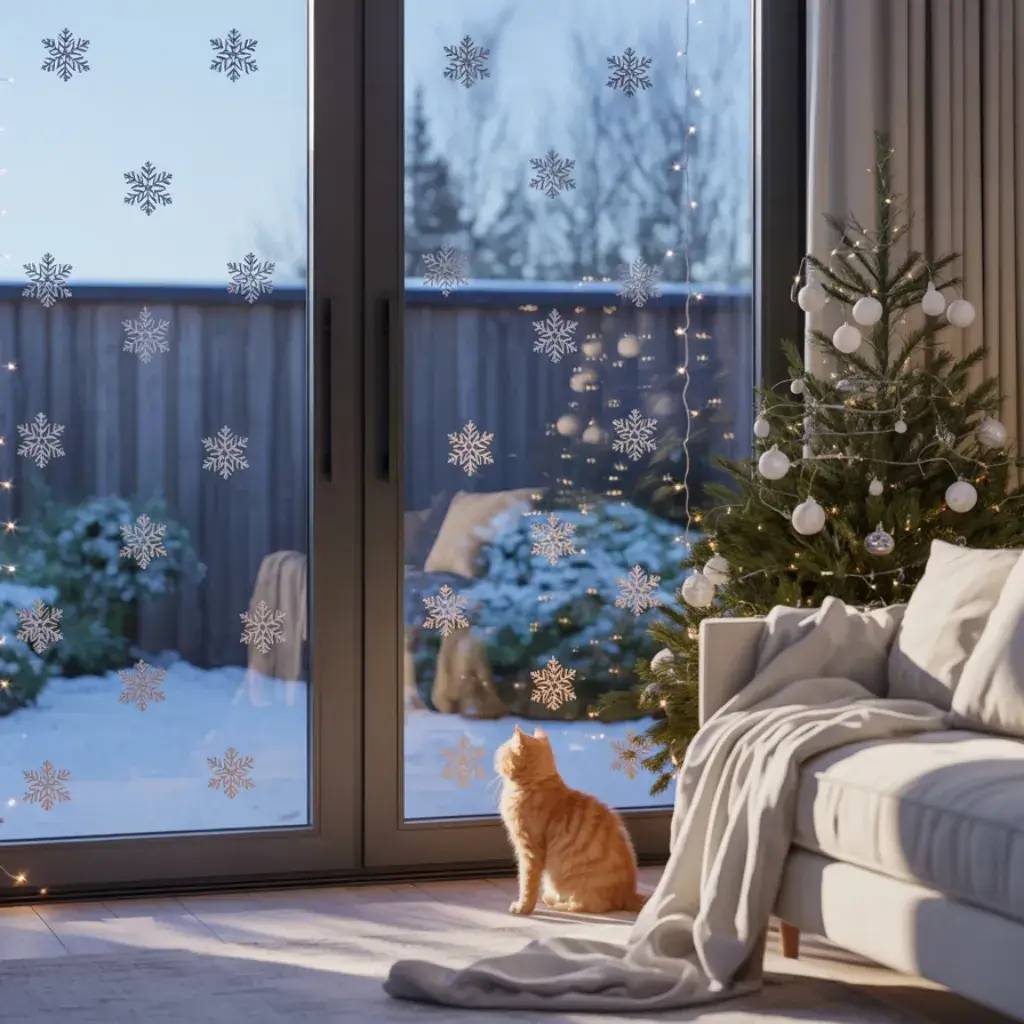 Un chat observe la neige depuis un salon décoré pour Noël, avec un sapin illuminé et des flocons de neige collés aux portes