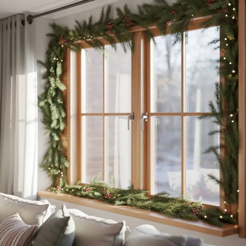 Fenêtre en bois décorée de guirlandes de sapin et lumières pour les fêtes.