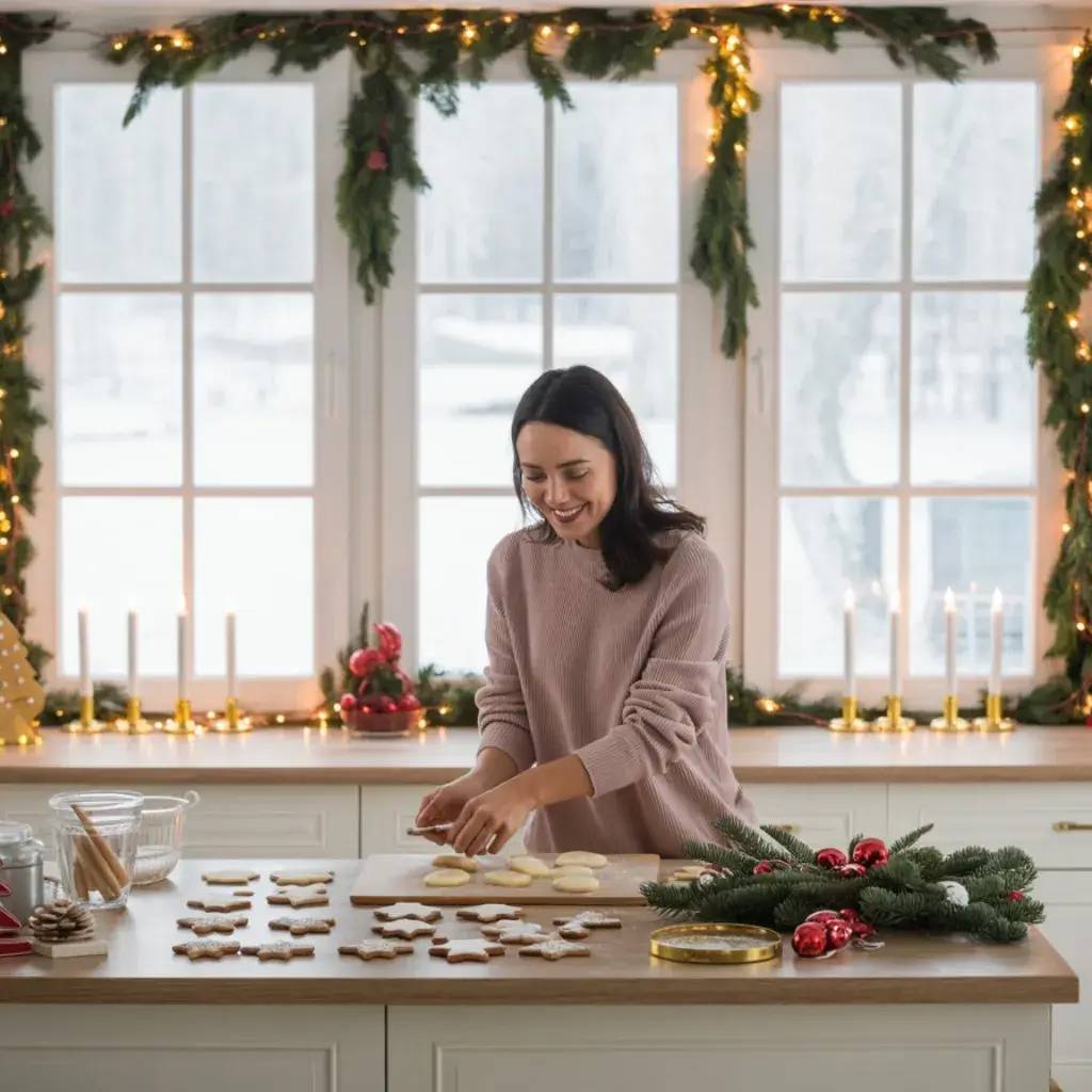 Une femme prépare des biscuits de Noël dans une cuisine décorée de guirlandes lumineuses et de branches de sapin.