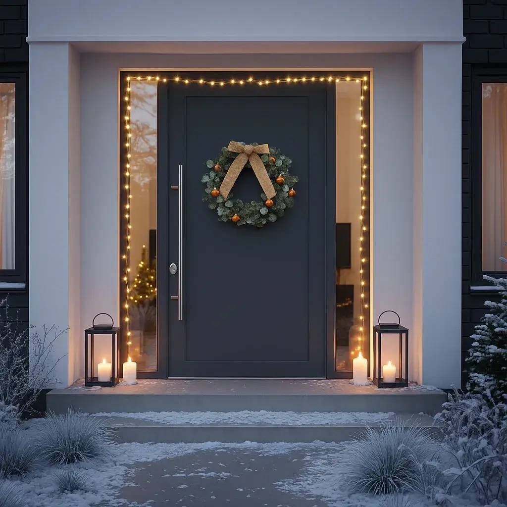 L'entrée d'une maison moderne décorée pour Noël avec une couronne sur la porte, des guirlandes lumineuses et des lanternes avec