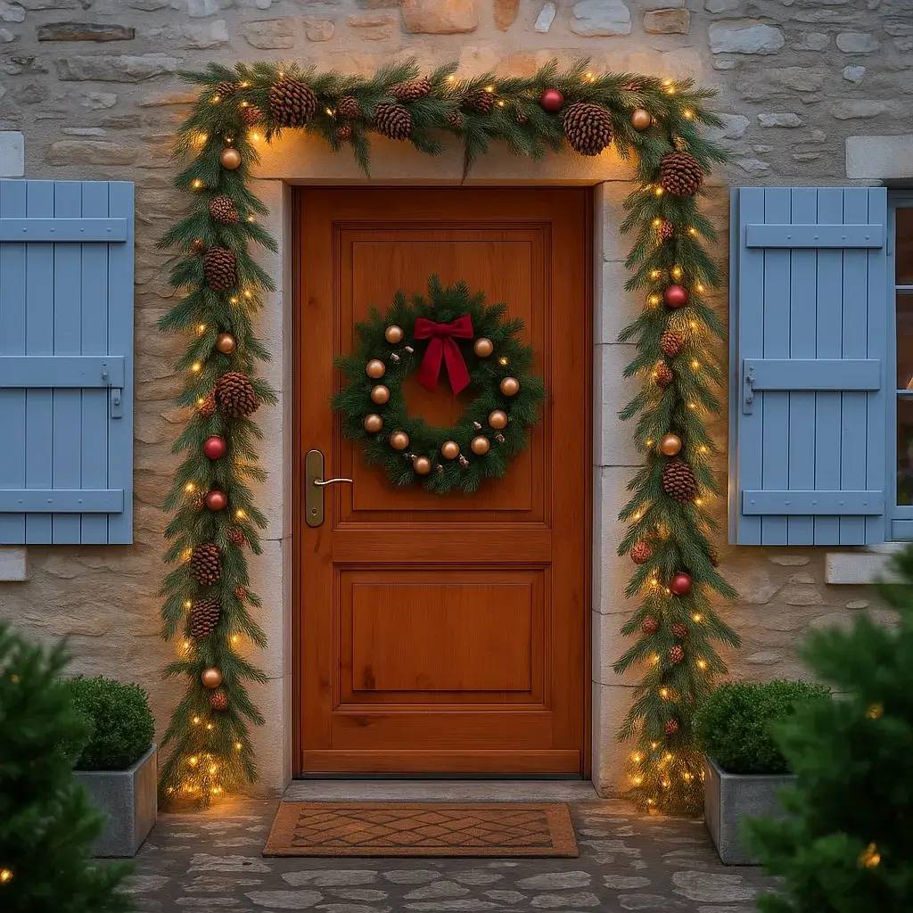 Porte en bois ornée d'une couronne de Noël et de guirlandes lumineuses, encadrée par des volets bleus