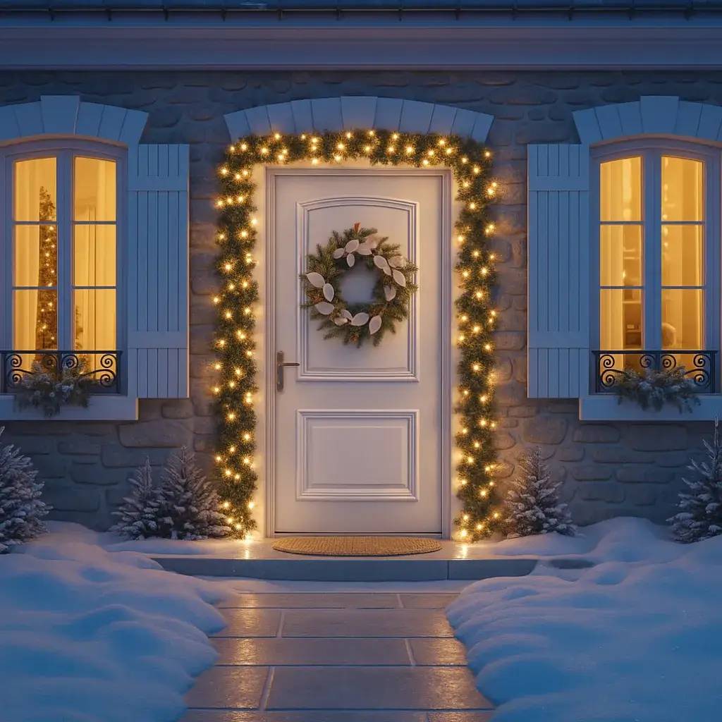 La porte d'une maison en hiver est décorée de guirlandes lumineuses et d'une couronne, éclairée chaleureusement depuis l'intérieur