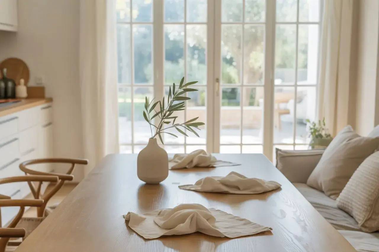 Une table en bois clair ornée d'un vase minimaliste avec des branches, baignée de lumière naturelle provenant de grandes fenêtres.