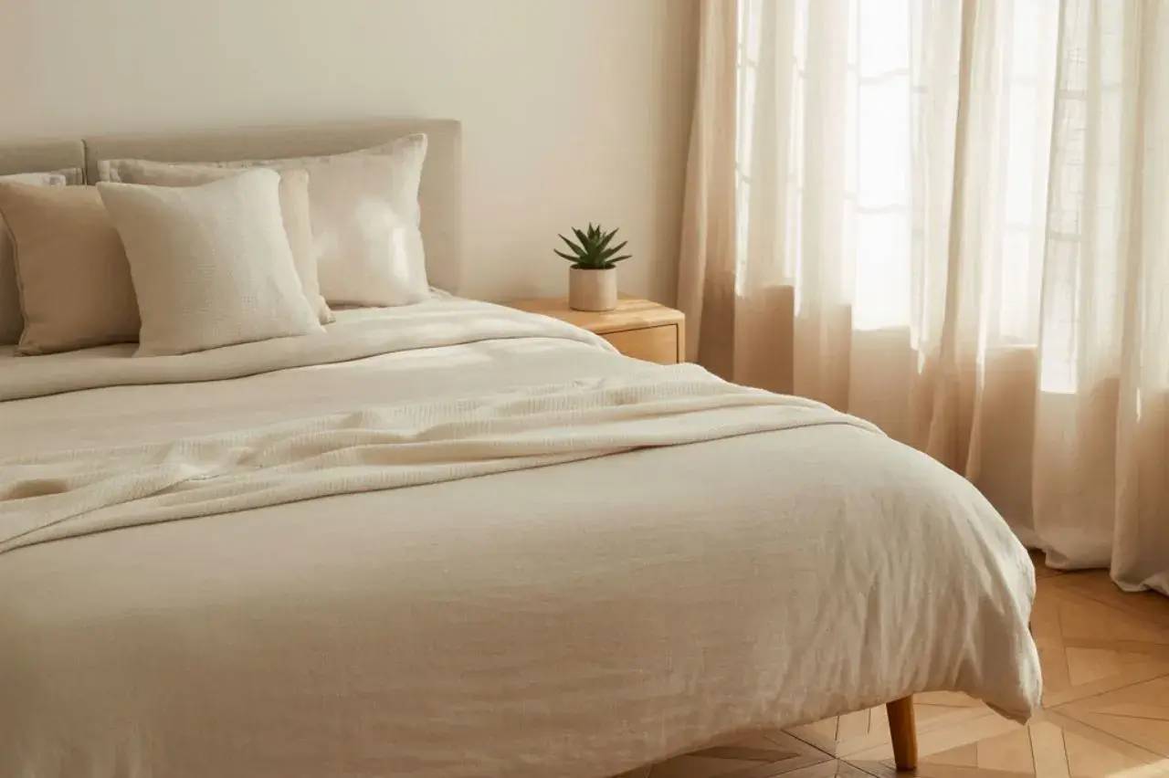Une chambre lumineuse et épurée avec un lit beige et des rideaux clairs, offrant une ambiance apaisante.