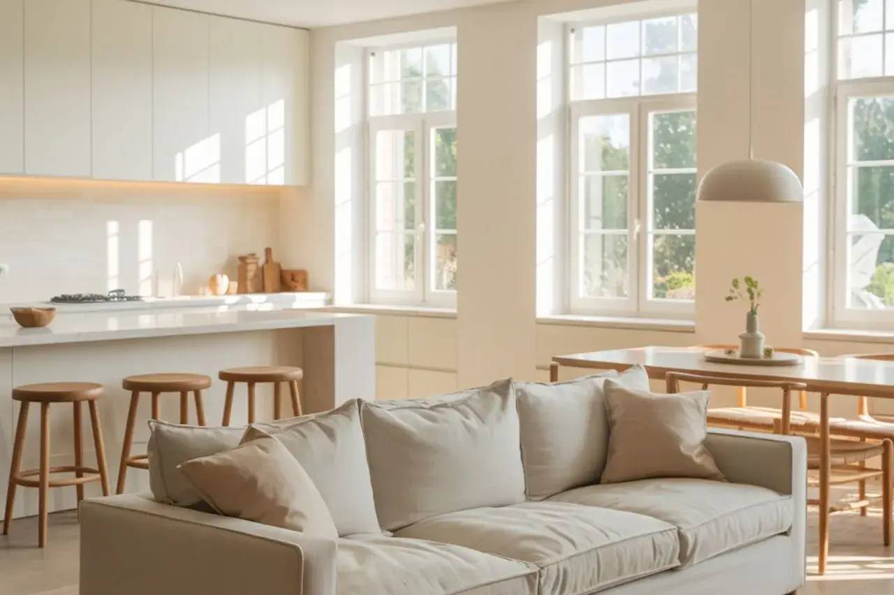 Un salon moderne et lumineux avec un canapé beige, une cuisine ouverte et de grandes fenêtres laissant entrer la lumière naturelle.