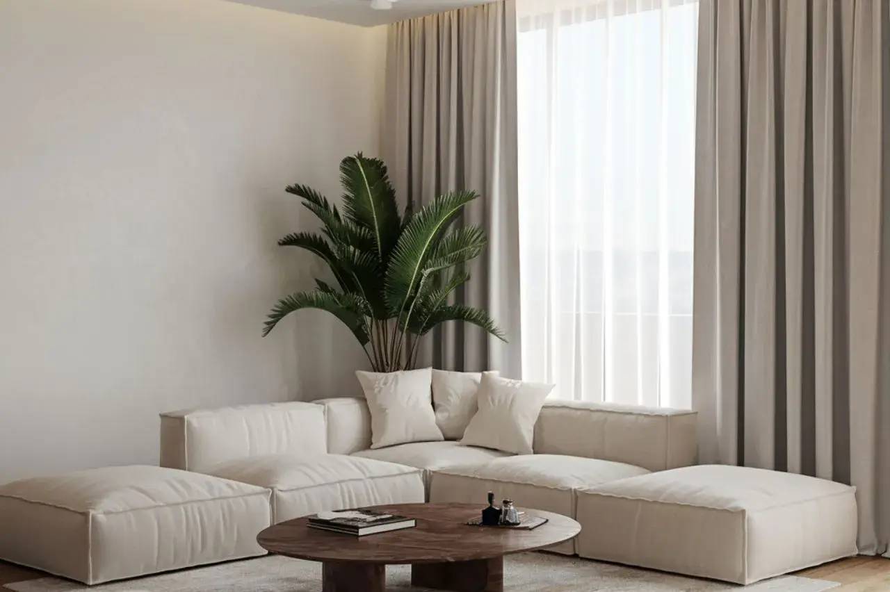 Un salon moderne et lumineux avec un canapé blanc en L, une table basse en bois rond et une plante verte ajoutant une touche naturelle.