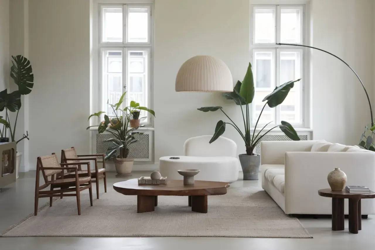 Un salon minimaliste et lumineux avec des meubles en bois et de grandes plantes vertes, baigné de lumière naturelle.