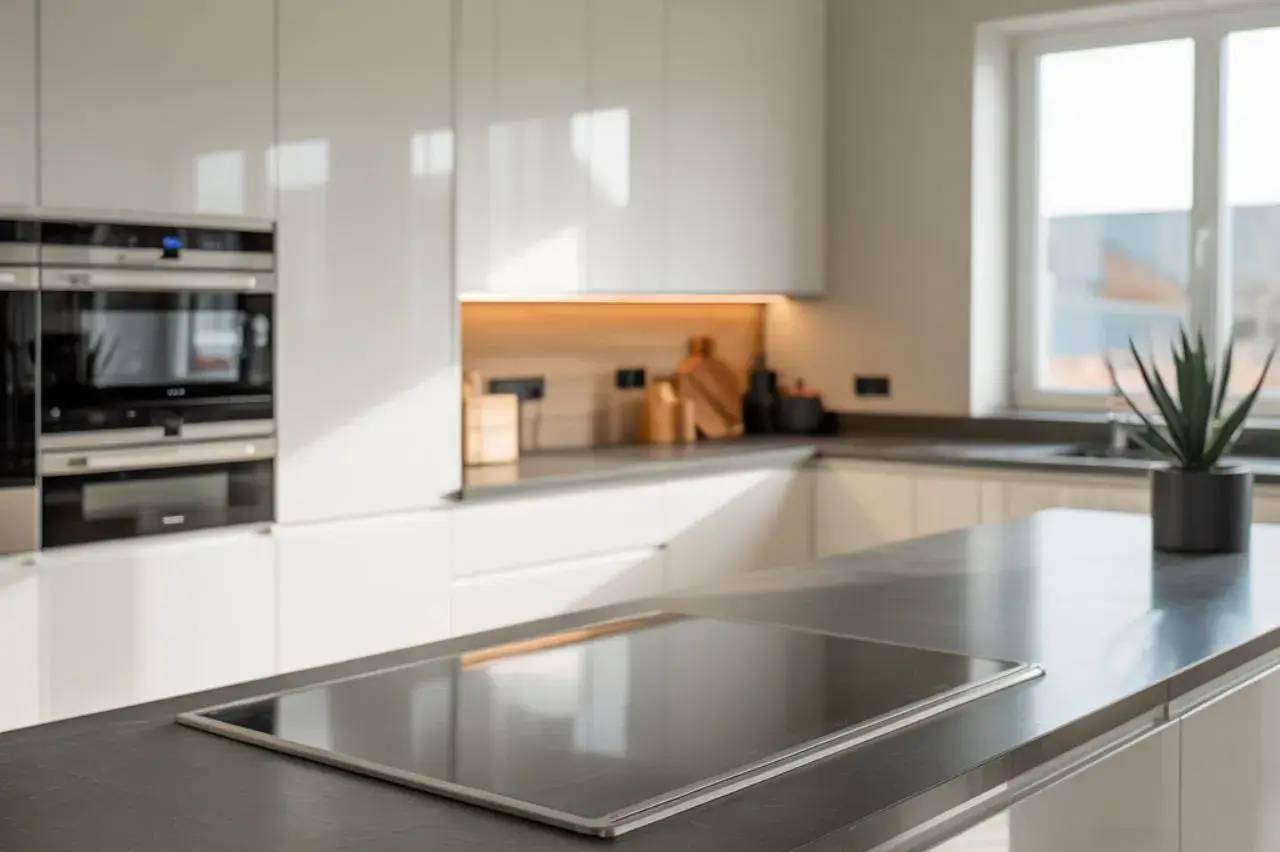 Une cuisine moderne et lumineuse avec des armoires blanches lustrées, un plan de travail en quartz noir et une plaque de cuisson intégrée