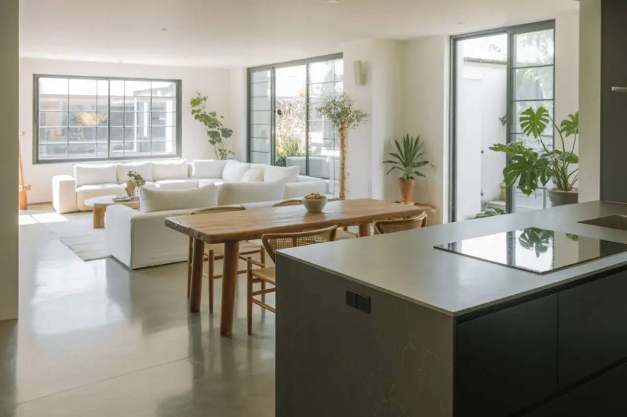 Un intérieur lumineux et moderne avec un salon spacieux, des meubles minimalistes et de grandes fenêtres offrant une vue sur l'extérieur verdoyant.
