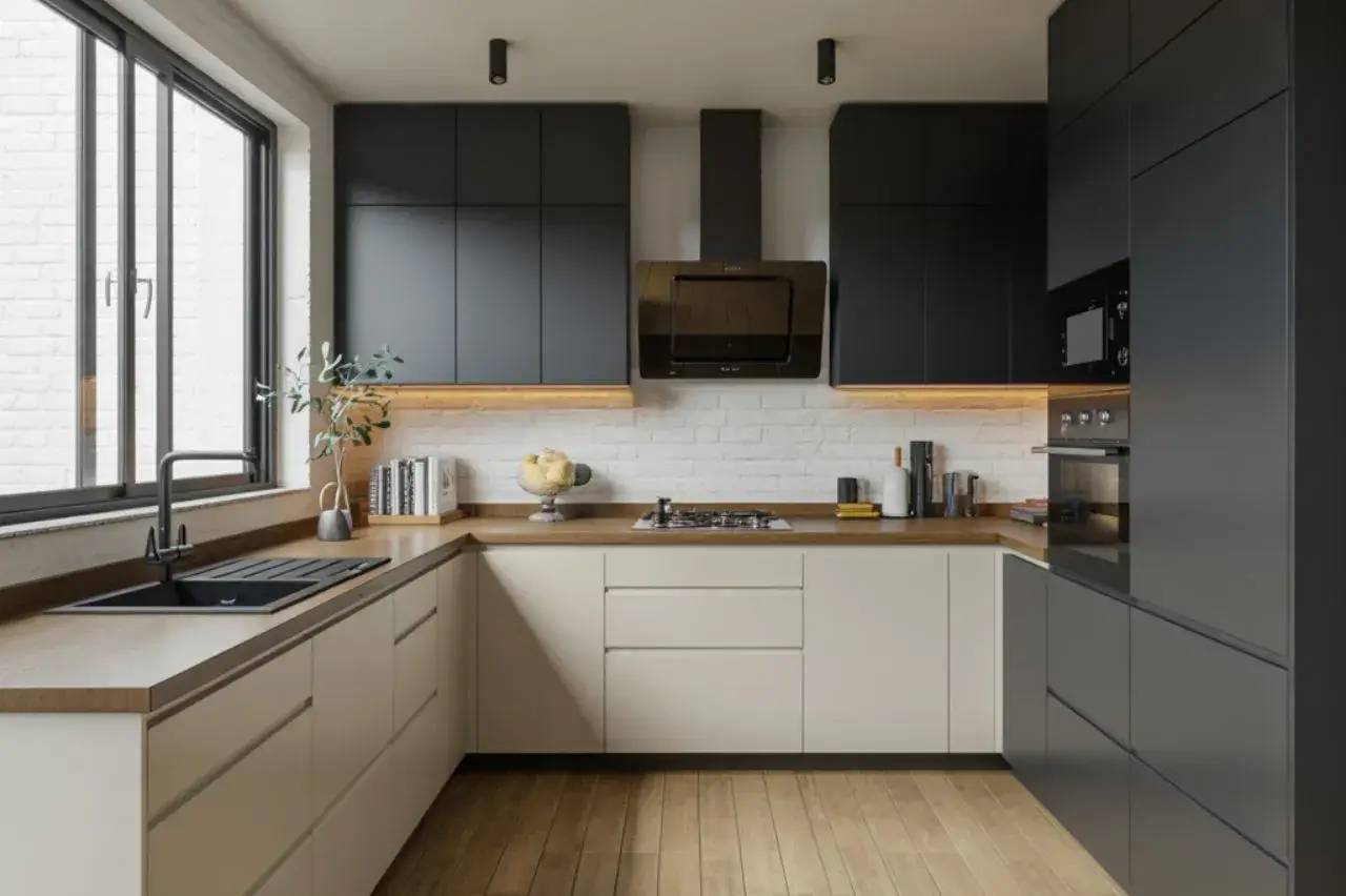 Une cuisine moderne avec des meubles noirs et blancs, un plan de travail en bois et un éclairage naturel grâce à une grande fenêtre.