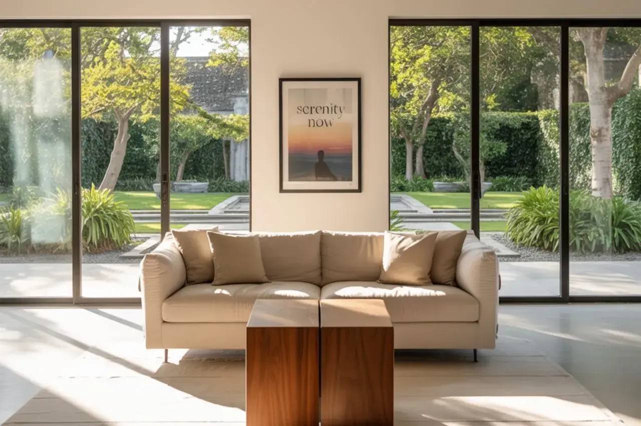 Un salon élégant avec un canapé beige et une vue sur un jardin luxuriant à travers de grandes baies vitrées.