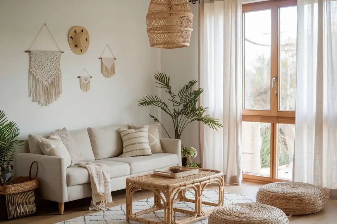 Un salon lumineux et chaleureux avec un décor boho, comprenant un canapé beige, une table basse en rotin, des coussins assortis, et