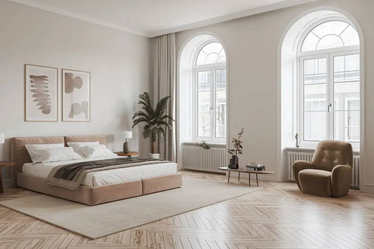 Une chambre lumineuse au style moderne avec un lit double, des œuvres d'art abstraites au mur et de grandes fenêtres voûtées.