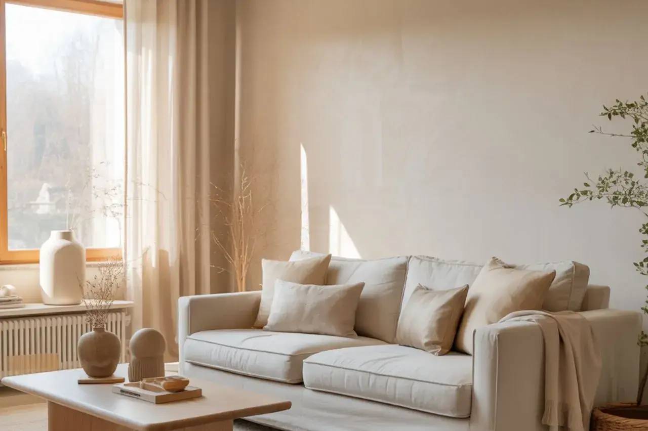 Un salon élégant et lumineux avec un canapé beige, des coussins assortis et une table basse décorée de vases en céramique.