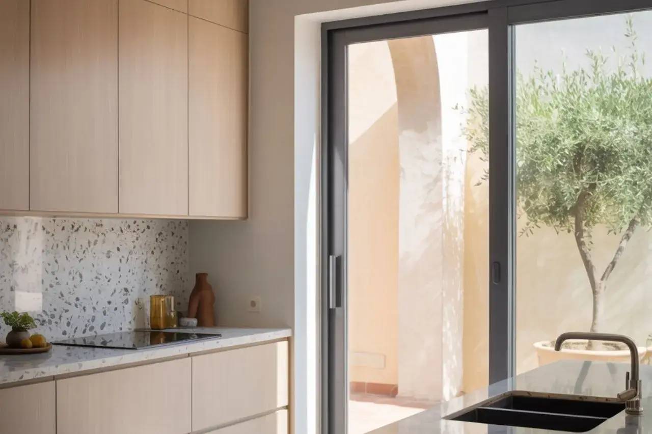 Une cuisine lumineuse avec des placards en bois clair et des portes-fenêtres donnant sur une cour ensoleillée.