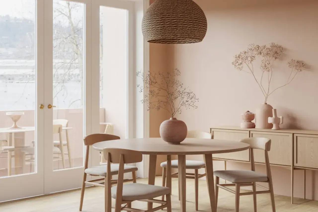 Salle à manger lumineuse avec une décoration minimaliste et des meubles en bois clair, agrémentée de plantes sèches et d'une grande suspension t