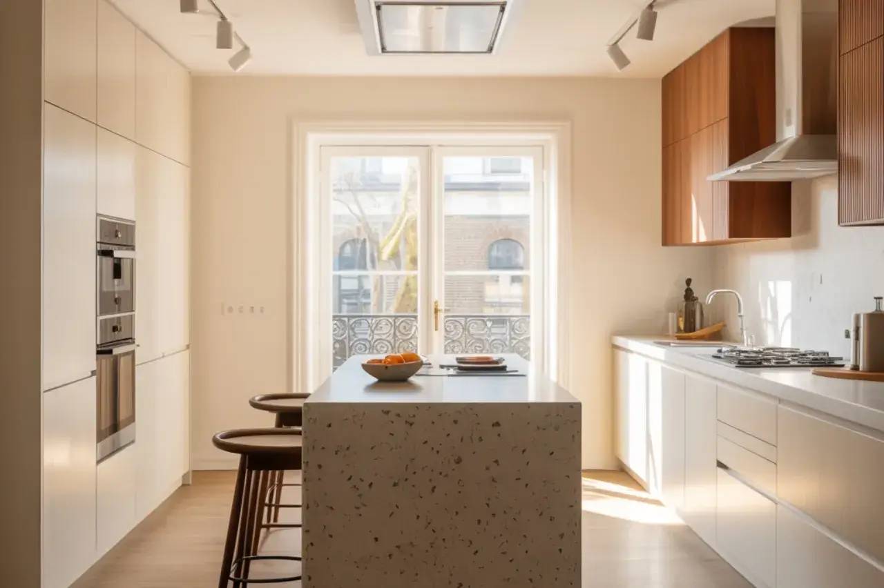 Une cuisine moderne et lumineuse avec un îlot central en pierre, des meubles en bois, et une grande baie vitrée.