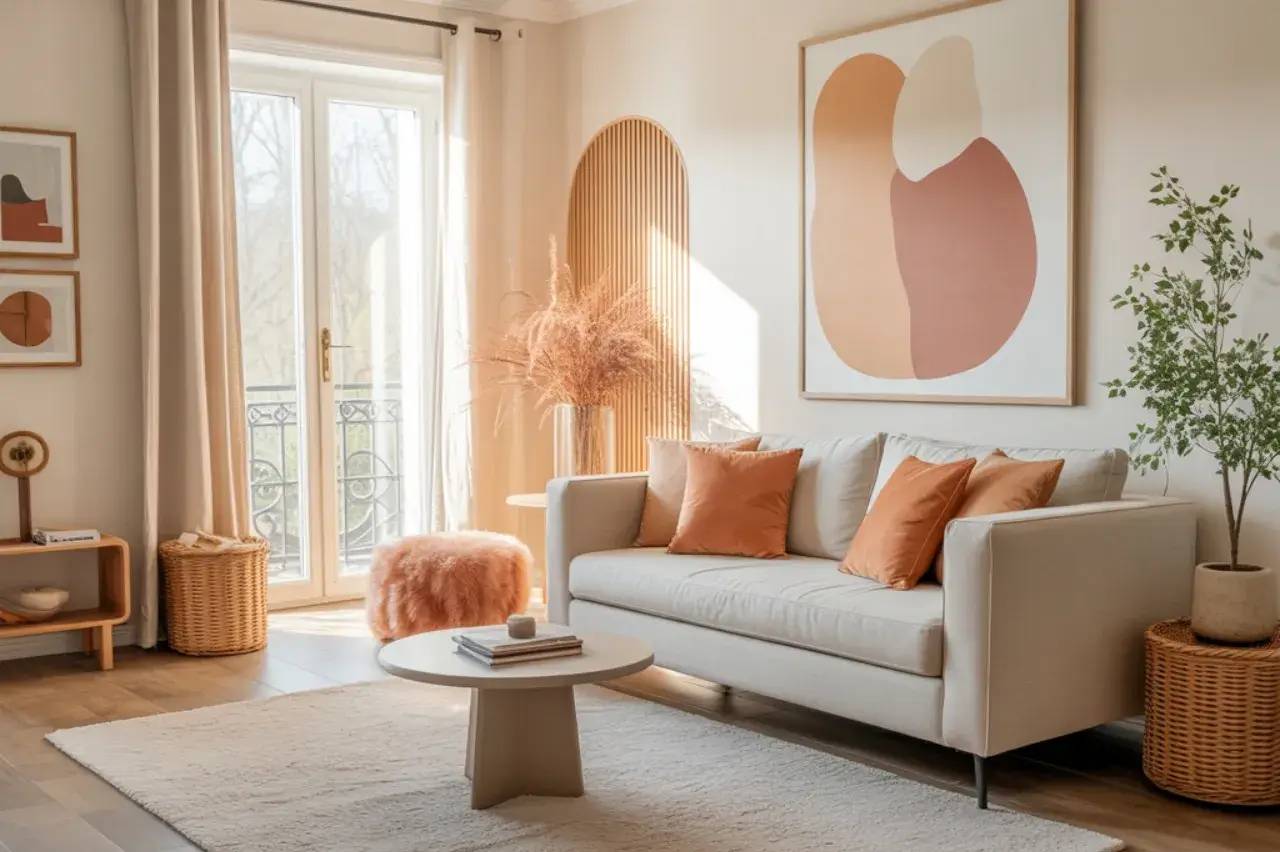 Un salon moderne et lumineux avec un canapé beige, des coussins orange, une table basse ronde, et un décor épuré aux tons naturels.