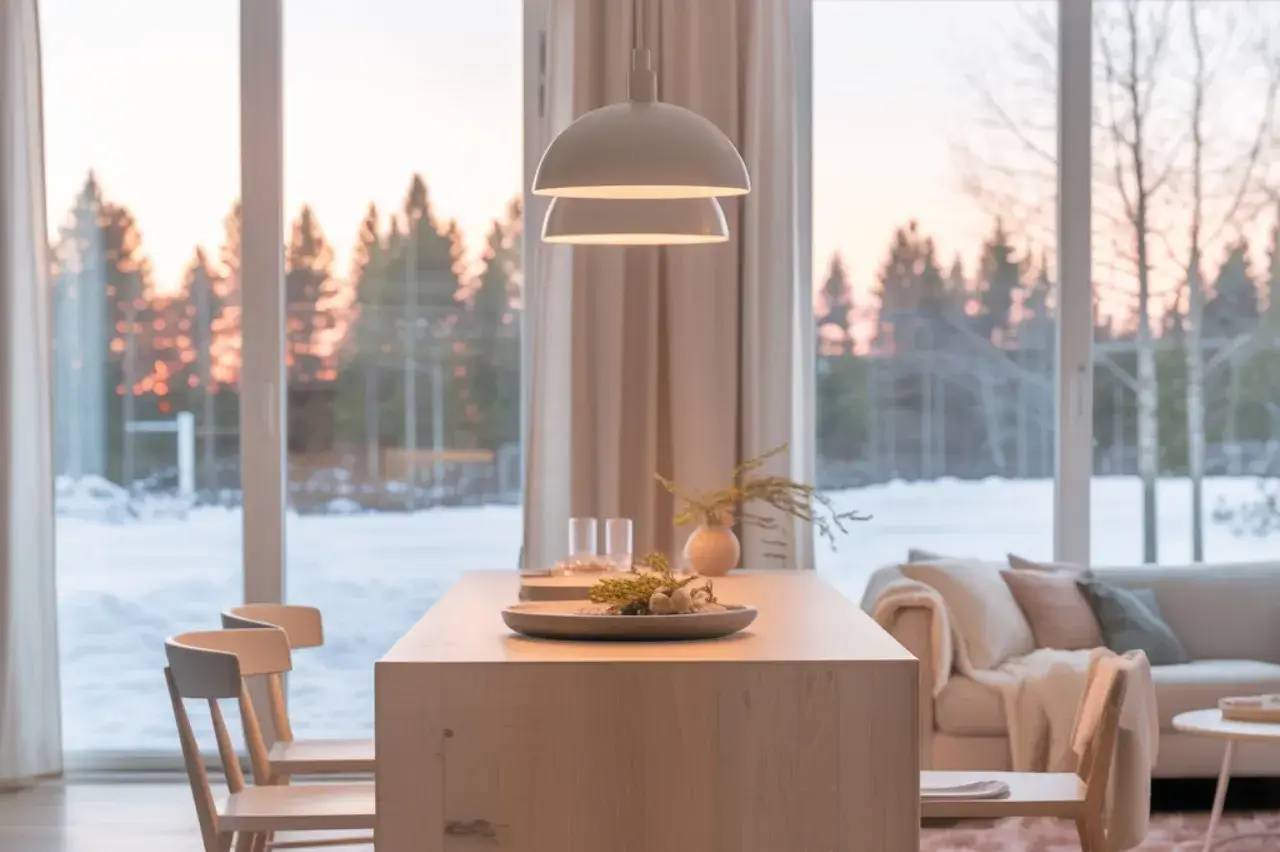 Une table en bois moderne est éclairée par une suspension minimaliste dans un intérieur chaleureux avec vue sur un paysage enneigé.