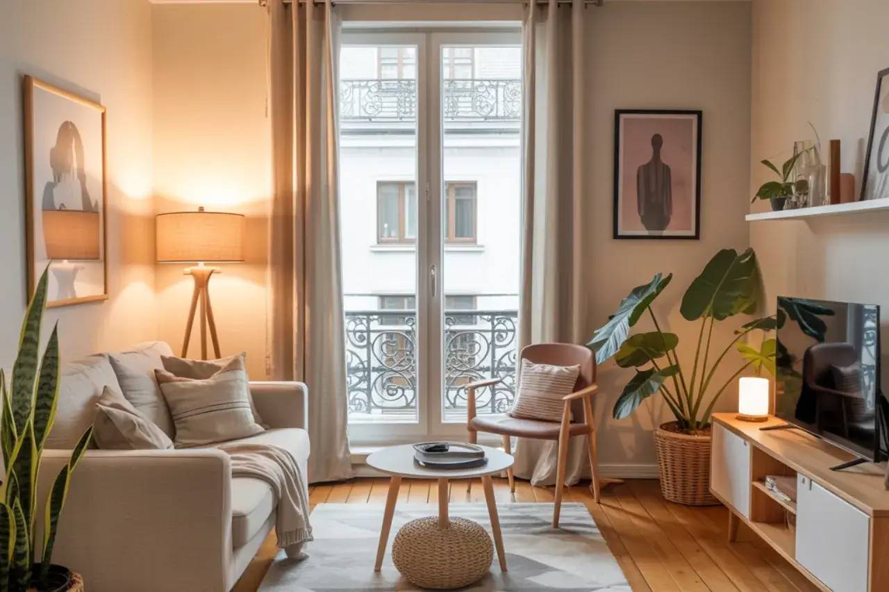 Un salon moderne et chaleureux avec un canapé beige, des plantes vertes et une grande fenêtre, créant une ambiance lumineuse.