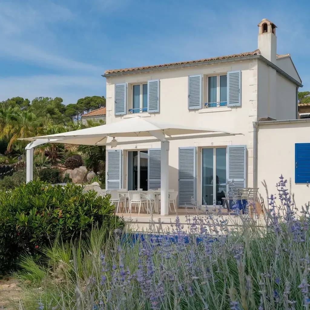 Une charmante maison de style méditerranéen avec volets bleus, entourée de végétation luxuriante et avec une terrasse ombr