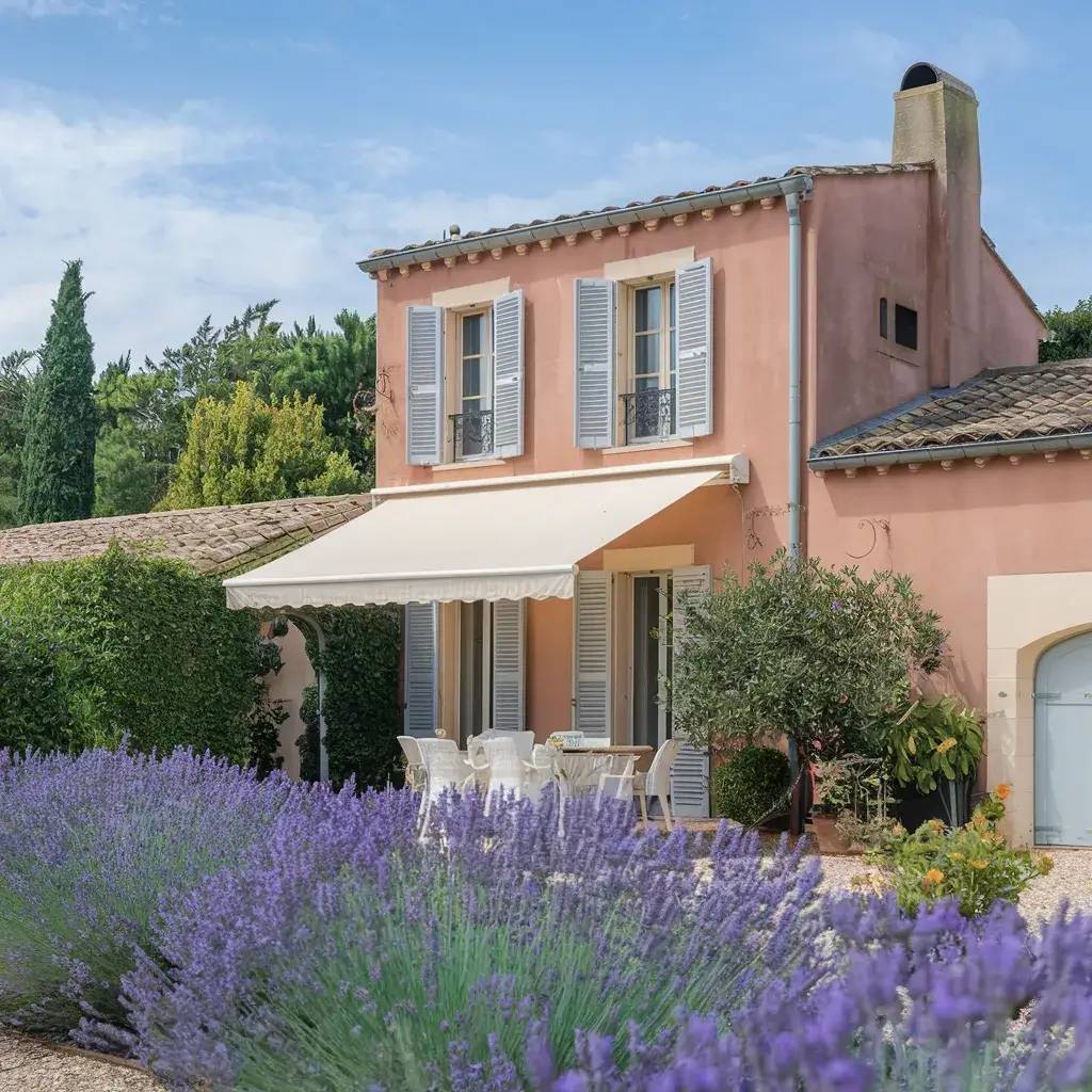 Une charmante maison provençale en pierre rosée, entourée de lavande et dotée d'une terrasse ombragée accueillante.